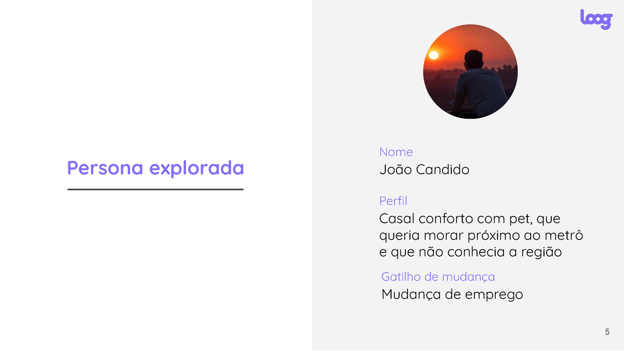 Tela dividida: à esquerda, texto "Persona explorada" em roxo. À direita, perfil de João Candido com foto, descrição e detalhes sobre mudança.
