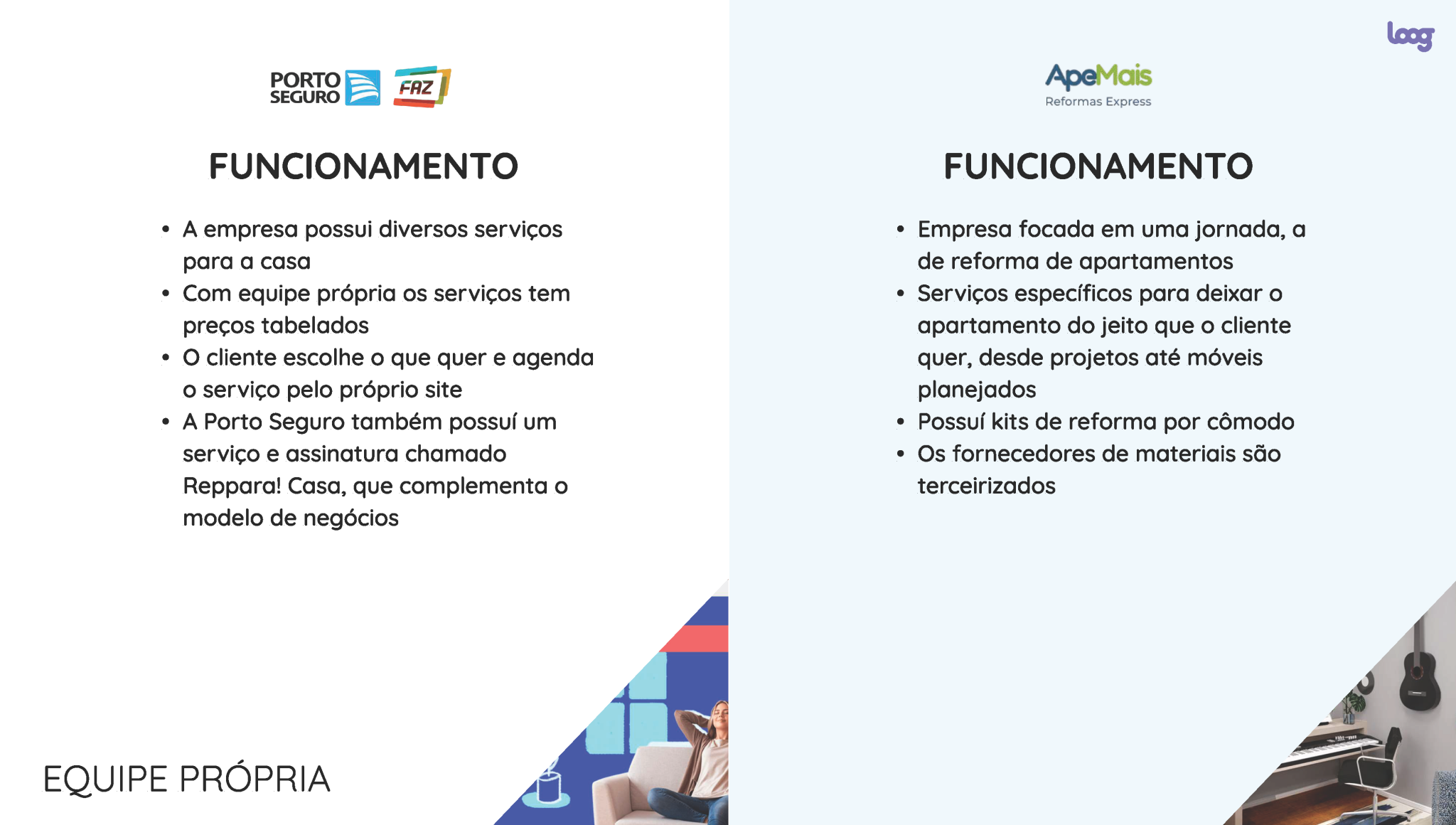 Duas colunas: à esquerda painel branco com logo Porto Seguro e título "FUNCIONAMENTO" com bullets; à direita fundo azul claro com logo ApeMais.