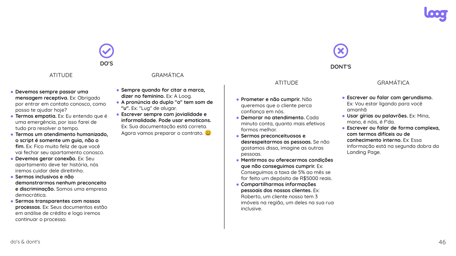 Manual em fundo branco: duas colunas "Do's" (✓ roxo) e "Don'ts" (X roxo) com listas de atitude e gramática; logo Loog roxo no canto superior.