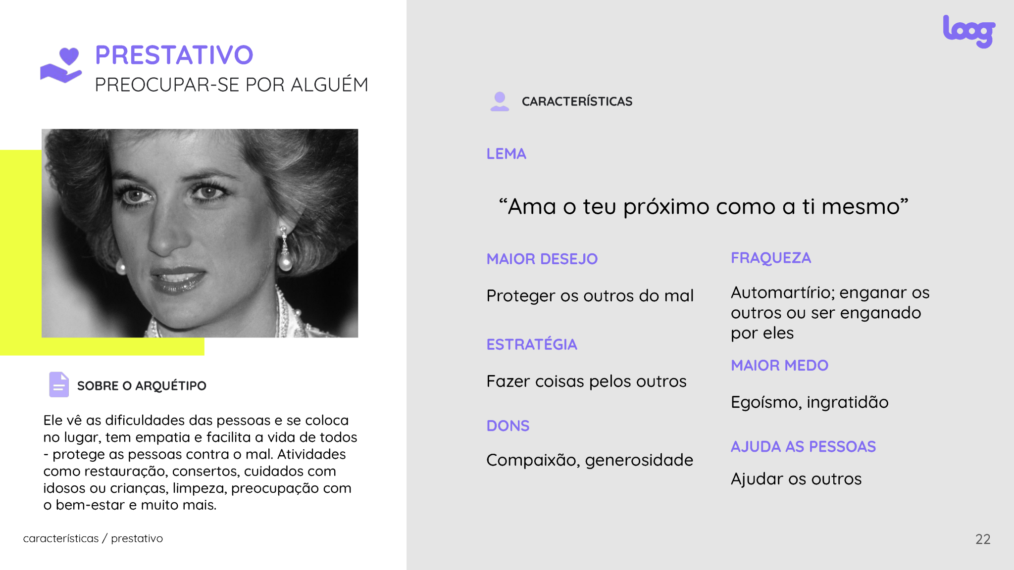 Slide "Prestativo" — retrato P&B feminino, acentos roxo e amarelo, layout em duas colunas com descrição à esquerda e lista de características à direita.