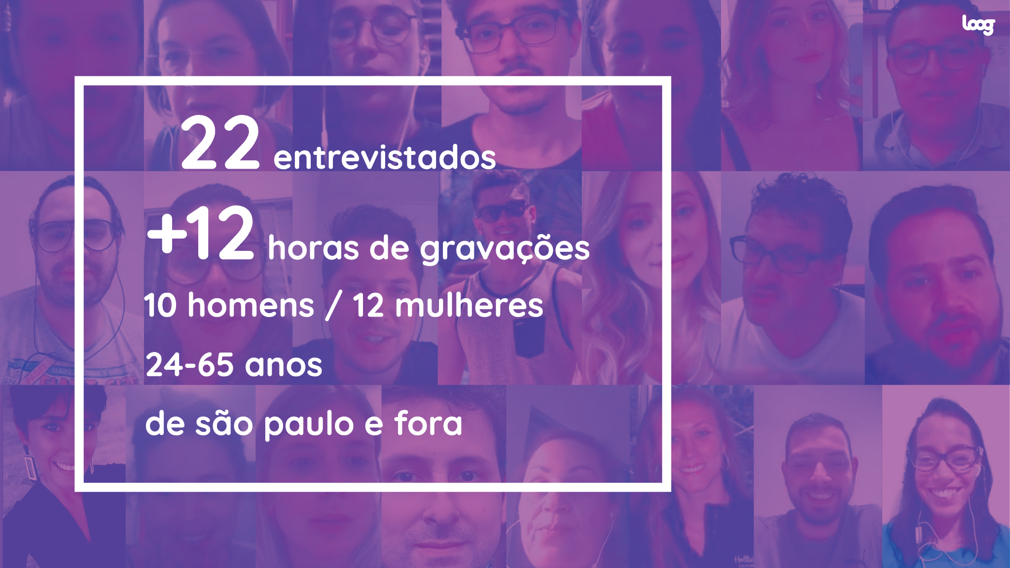Collage de rostos de entrevistados, com fundo em gradiente roxo. Texto destaca 22 entrevistados, 12 horas de gravações e características demográficas.