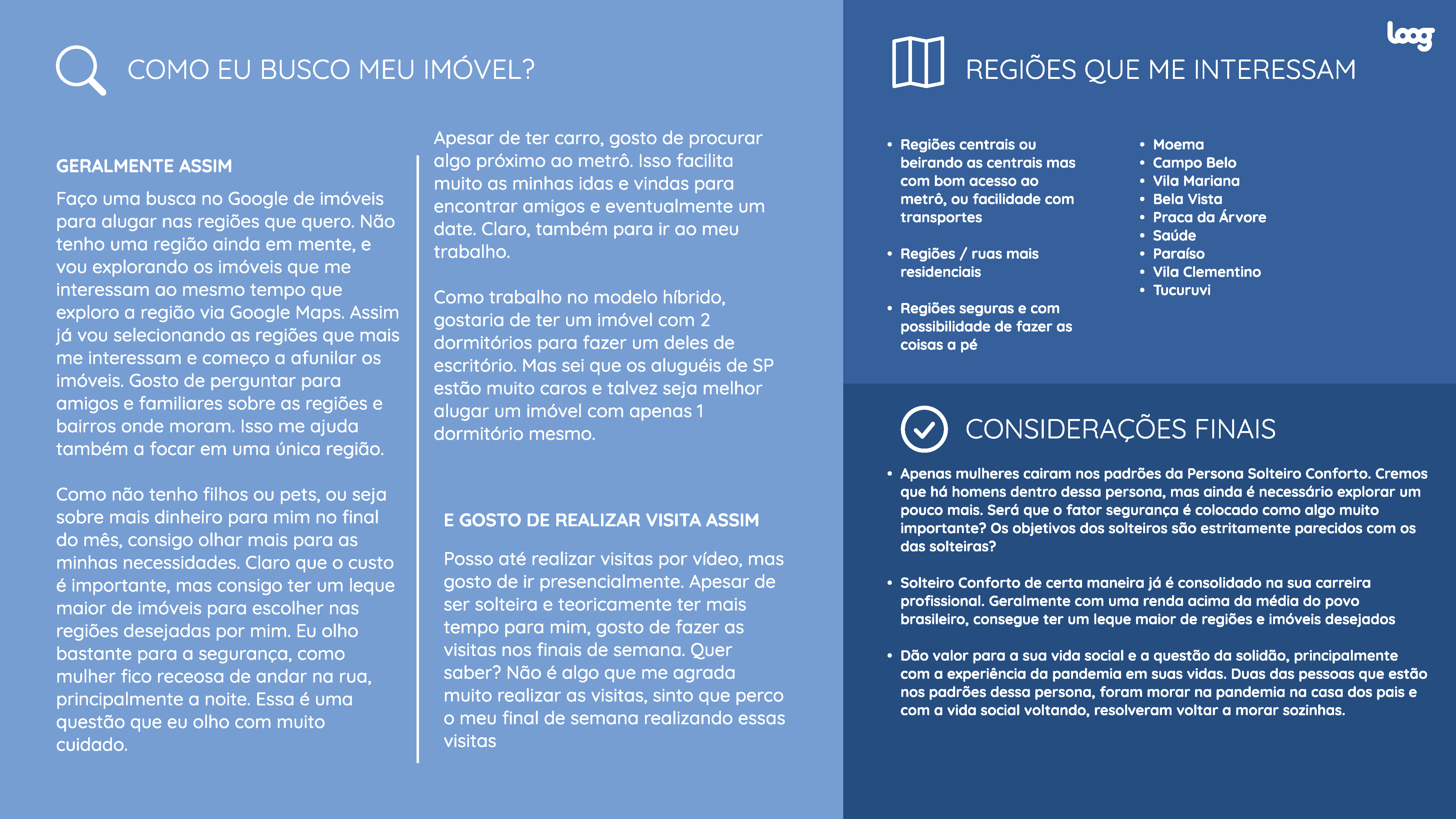 Texto informativo dividido em duas colunas: à esquerda, questionamentos sobre busca de imóveis e, à direita, regiões de interesse. Fundo azul claro e textos em preto e branco.