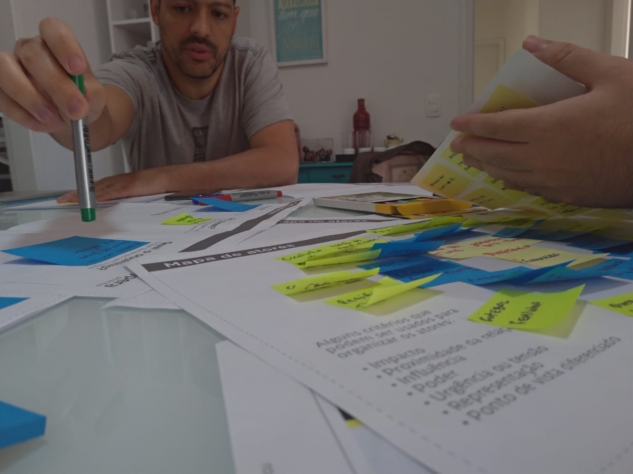 Homens colaborando em uma mesa, organizando post-its coloridos e documentos sobre o processo de design para um projeto de futebol.