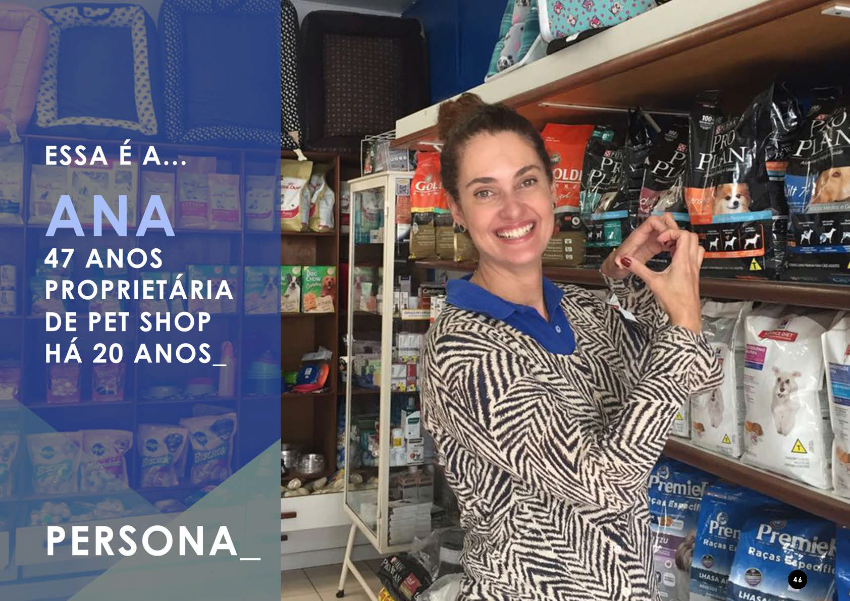 Mulher sorridente com cabelo preso, segurando um produto em um pet shop, com prateleiras de ração ao fundo. Texto à esquerda com informações.