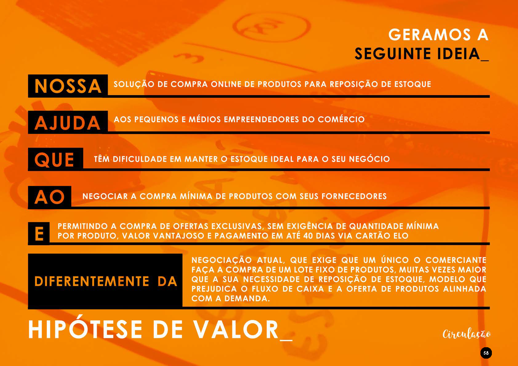 Texto em fundo laranja com seções em vermelho e branco, apresentando uma ideia sobre a compra online de produtos para pequenos negócios.