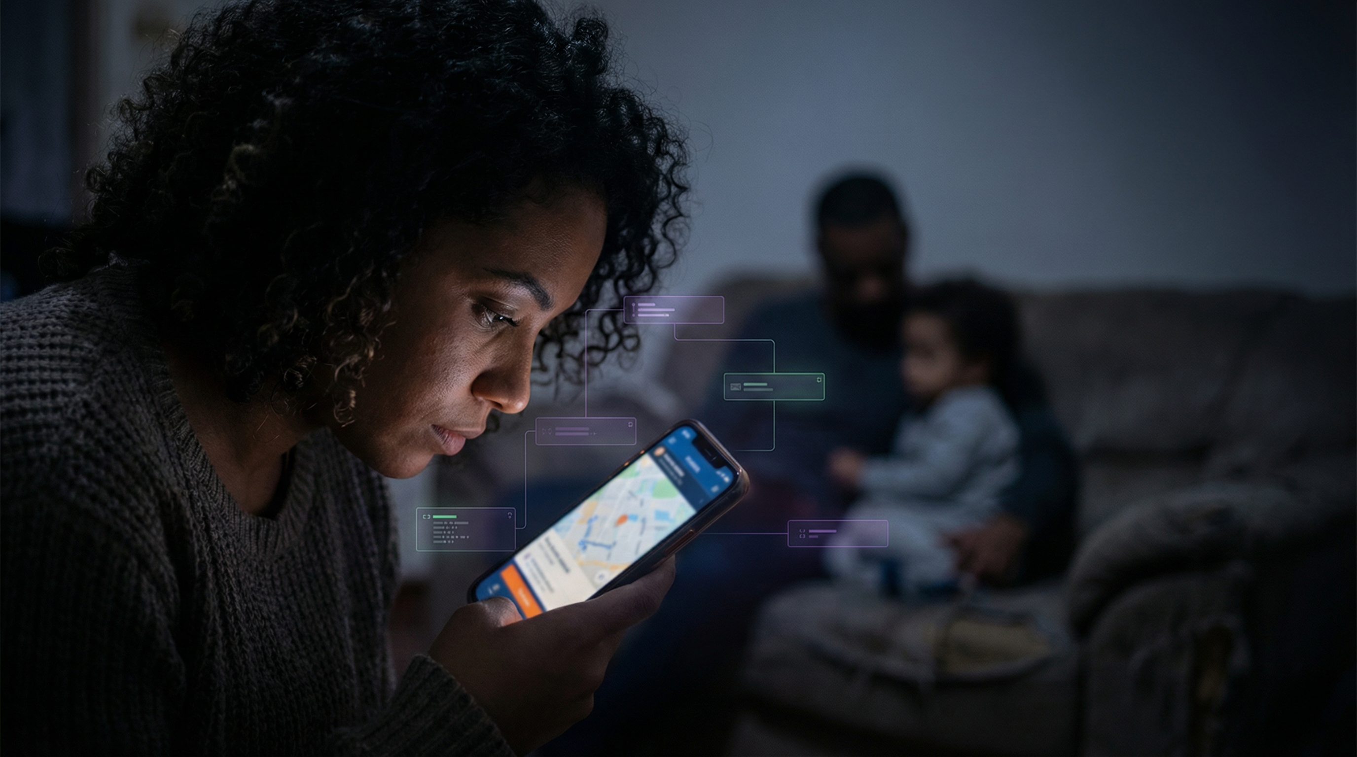 Mulher utilizando smartphone em ambiente escuro, com informações visuais flutuando ao redor; homem e criança ao fundo.