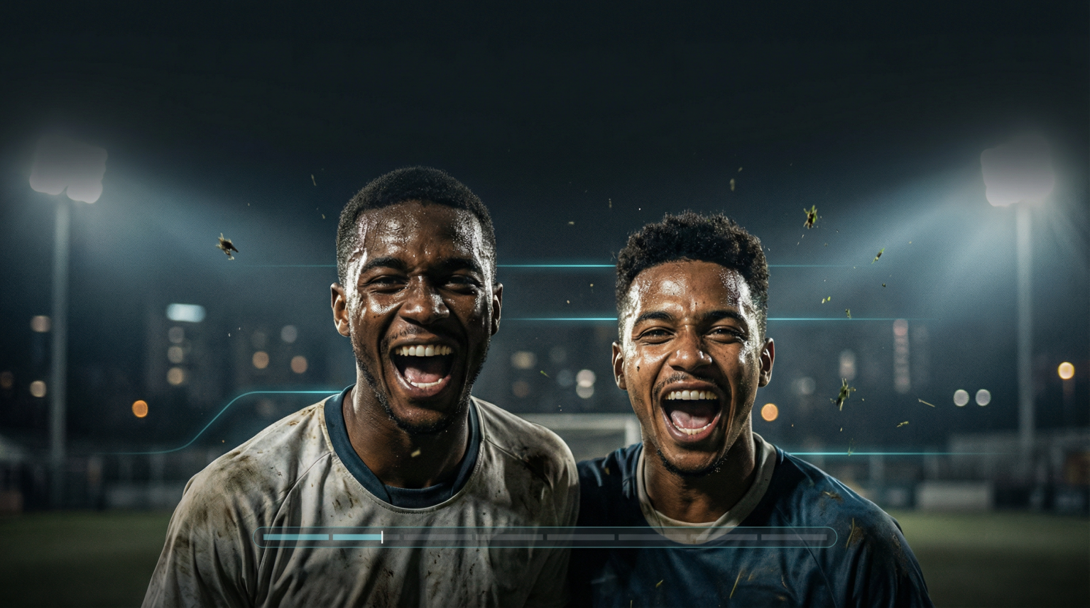 Dois jogadores de futebol sorrindo e comemorando, com uniformes sujos e um fundo noturno iluminado por refletores.