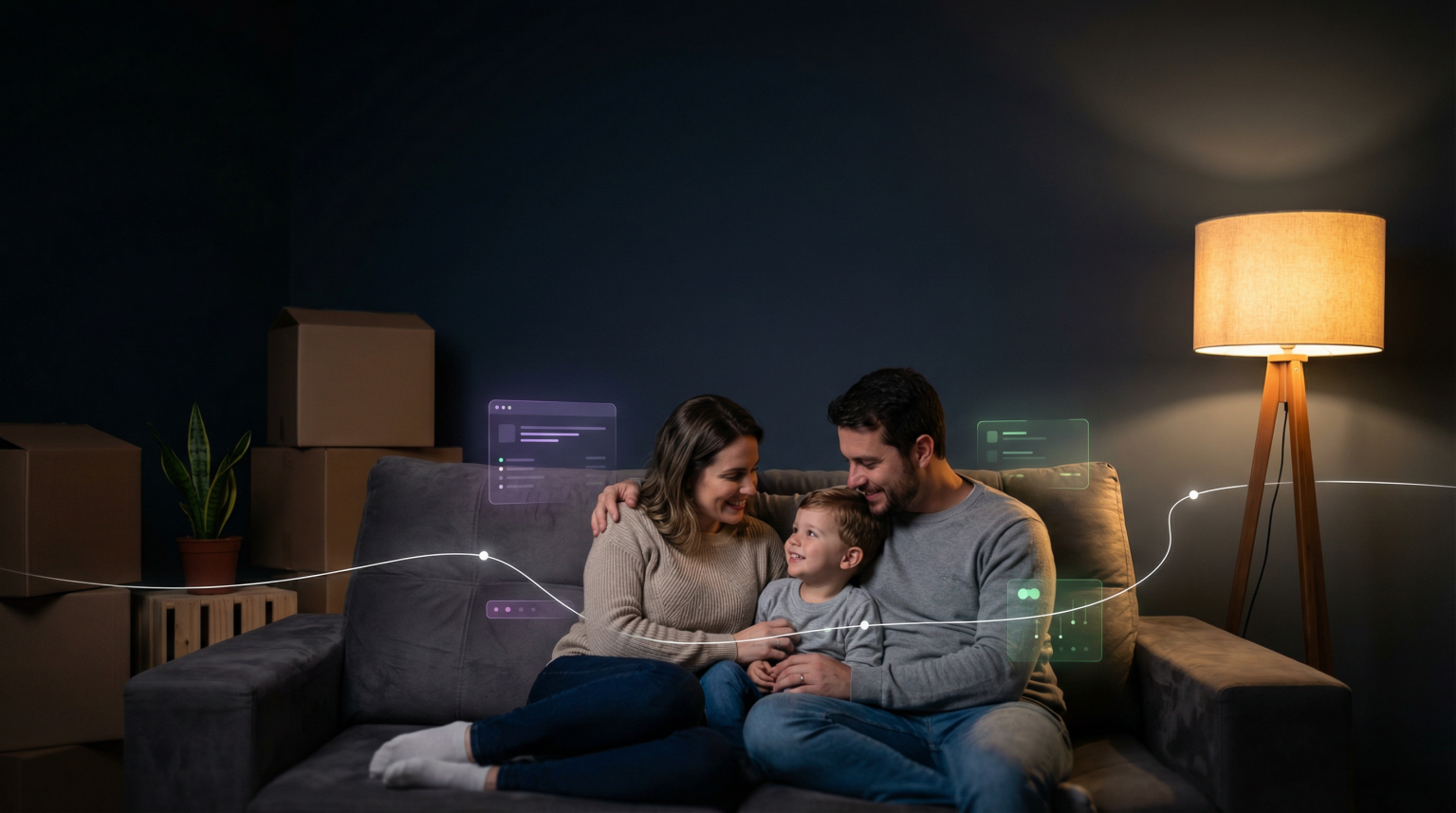 Família sorridente em um sofá, cercada por caixas de mudança e uma planta, com luz suave de abajur, representando conexões emocionais.