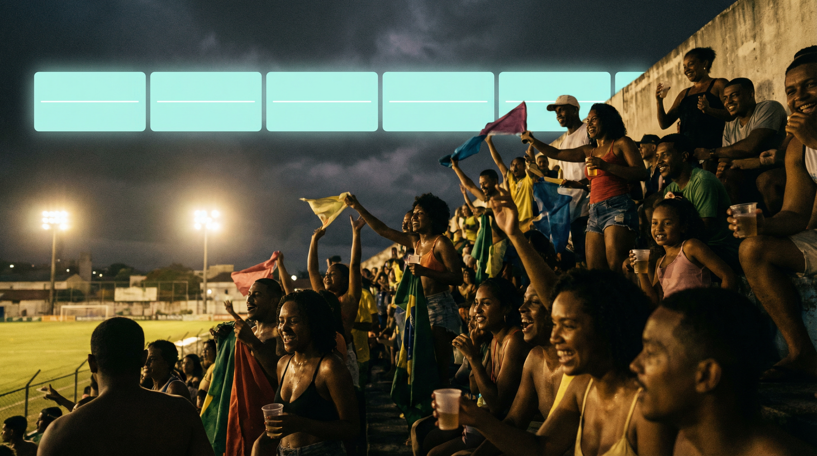 Torcedores animados em um estádio, segurando bandeiras coloridas, com uma iluminação suave ao fundo e céu nublado.