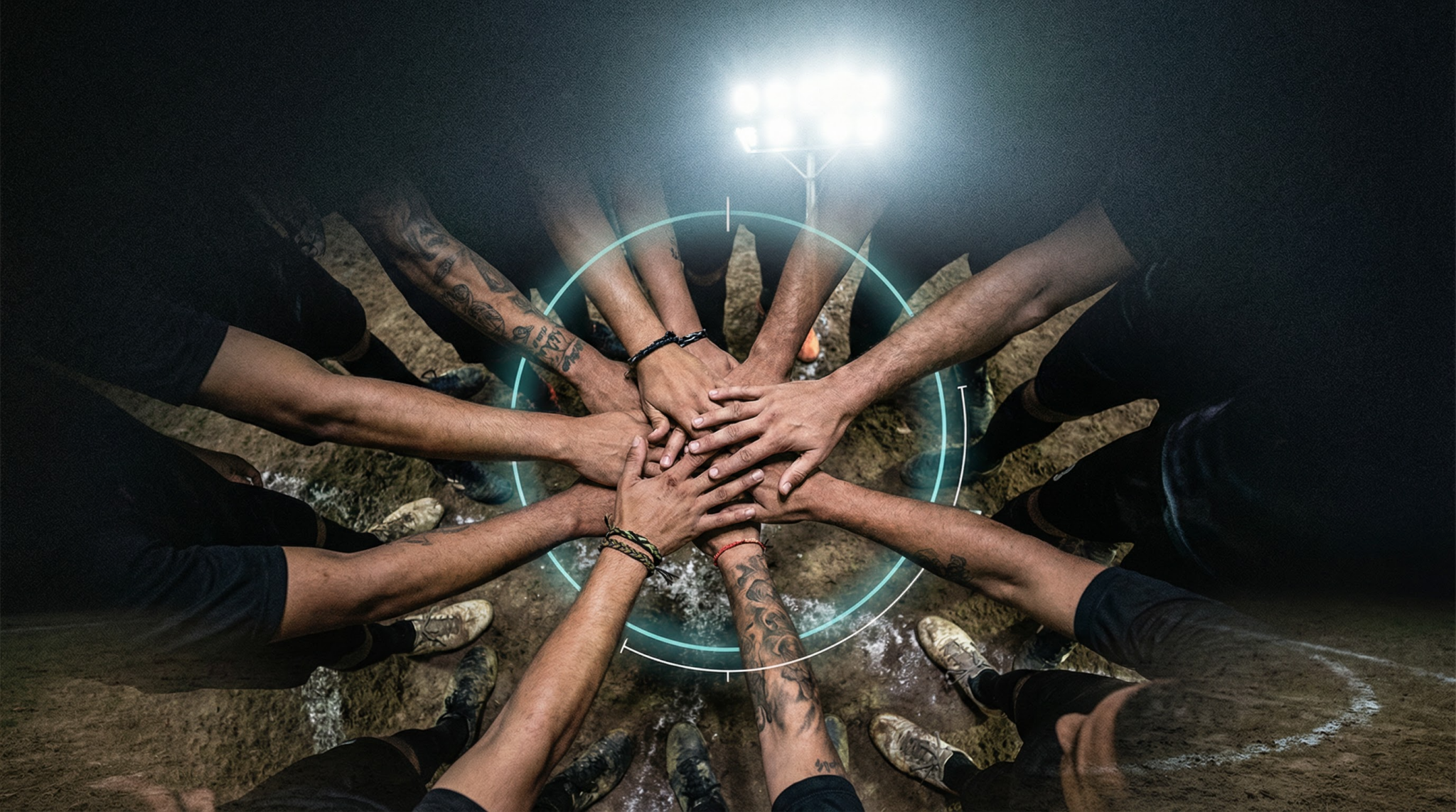 Várias mãos se unindo no centro, com luzes brilhando ao fundo, simbolizando unidade e celebração no futebol de várzea.