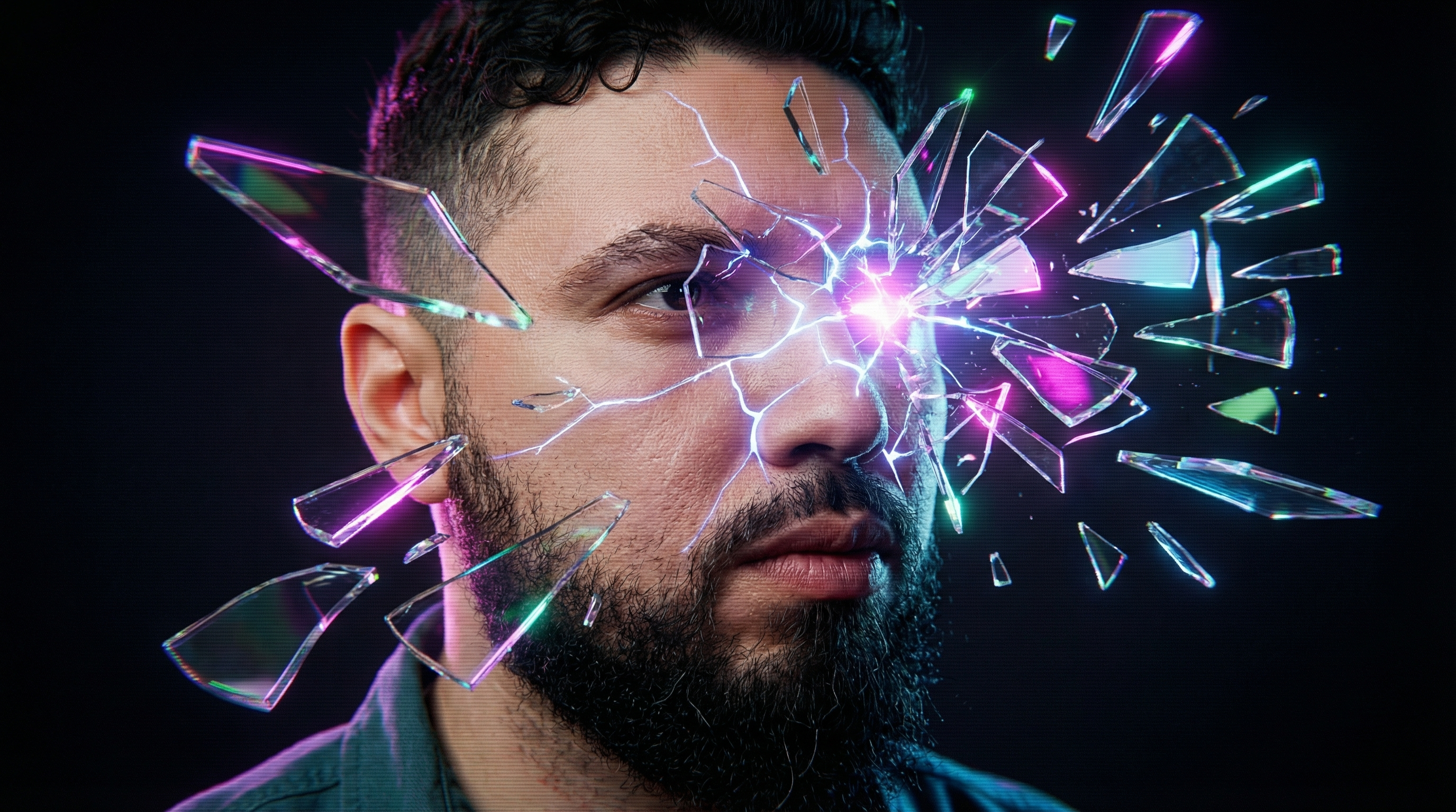 Retrato de um homem com barba, olhando para frente. Fragmentos de vidro colorido parecem quebrar ao redor de seu rosto com luzes brilhantes.