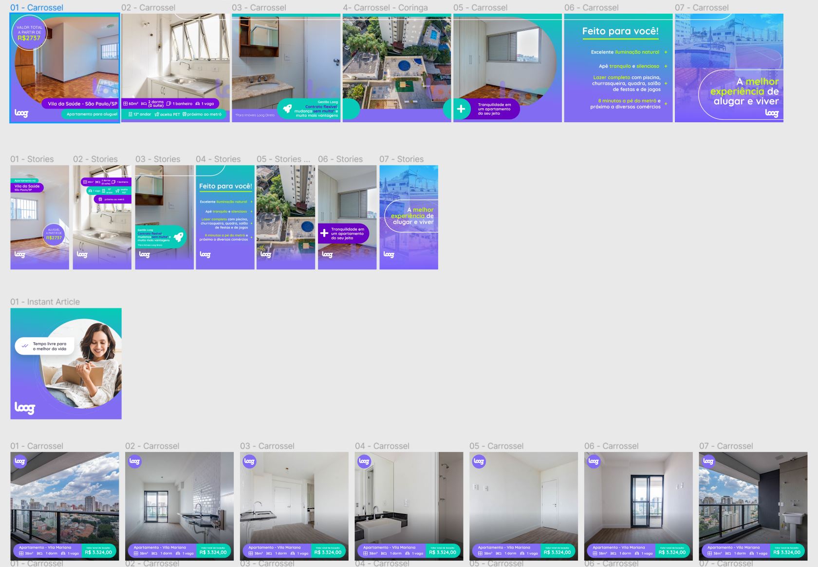 Mockup de templates publicitários para aluguel com carrosséis e stories mostrando fotos de apartamentos, sobreposições roxas e textos de anúncio.