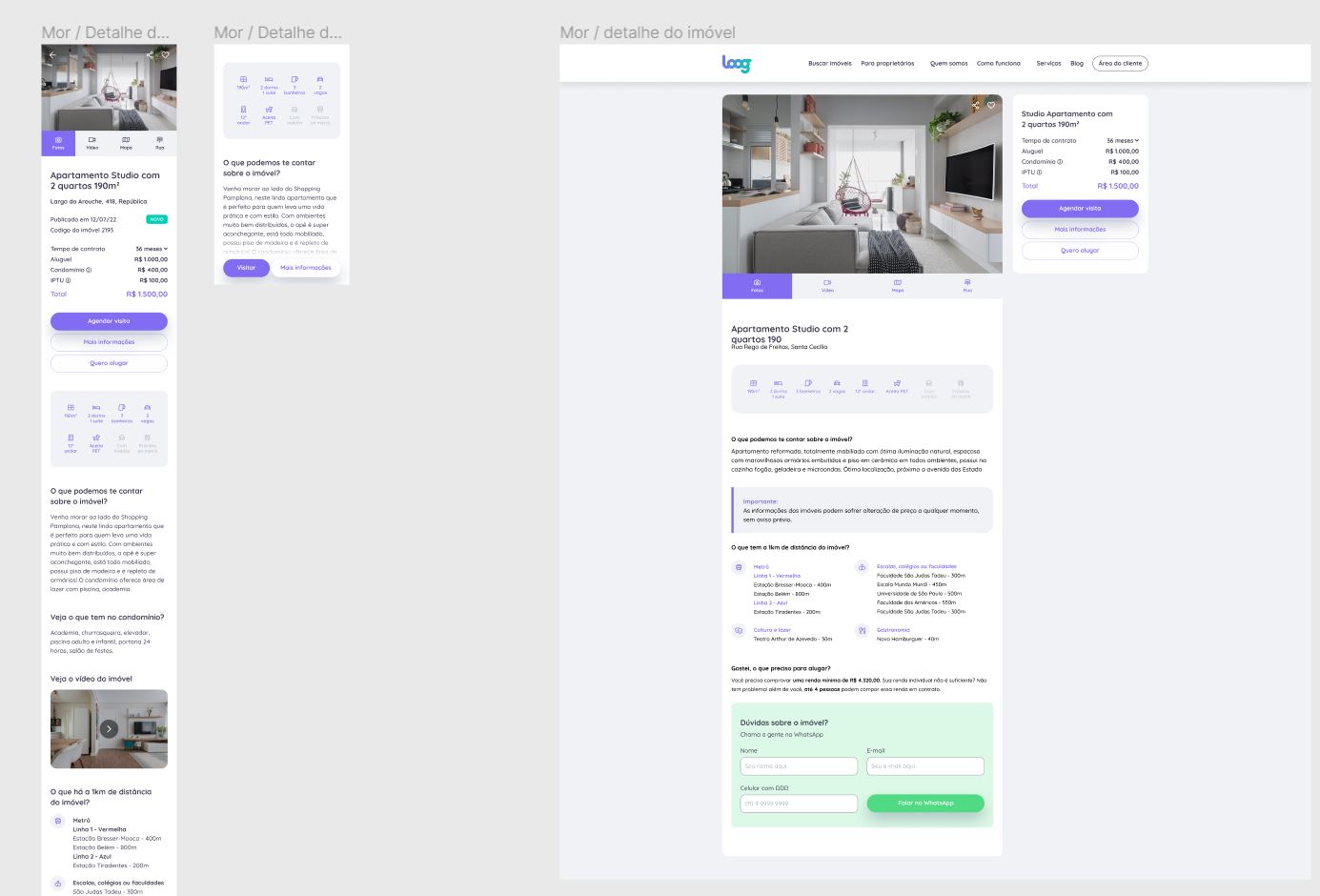 Mockup de página de imóvel (desktop e mobile) exibindo foto de apartamento studio moderno, dados do anúncio e botões de contato
