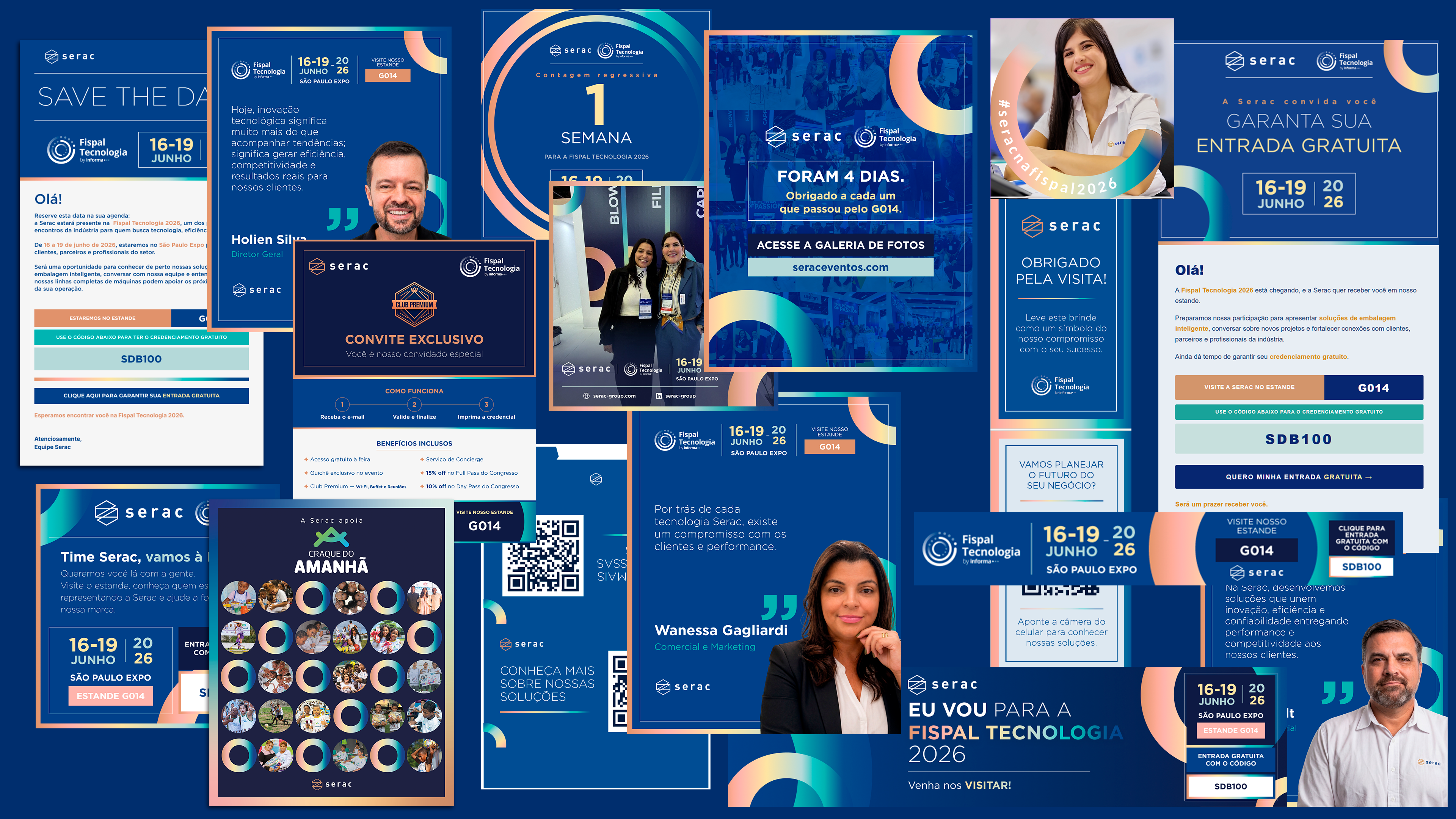 Diversos materiais promocionais da Serac destacando eventos, webinários e convites para o Fispal Tecnologia 2026.