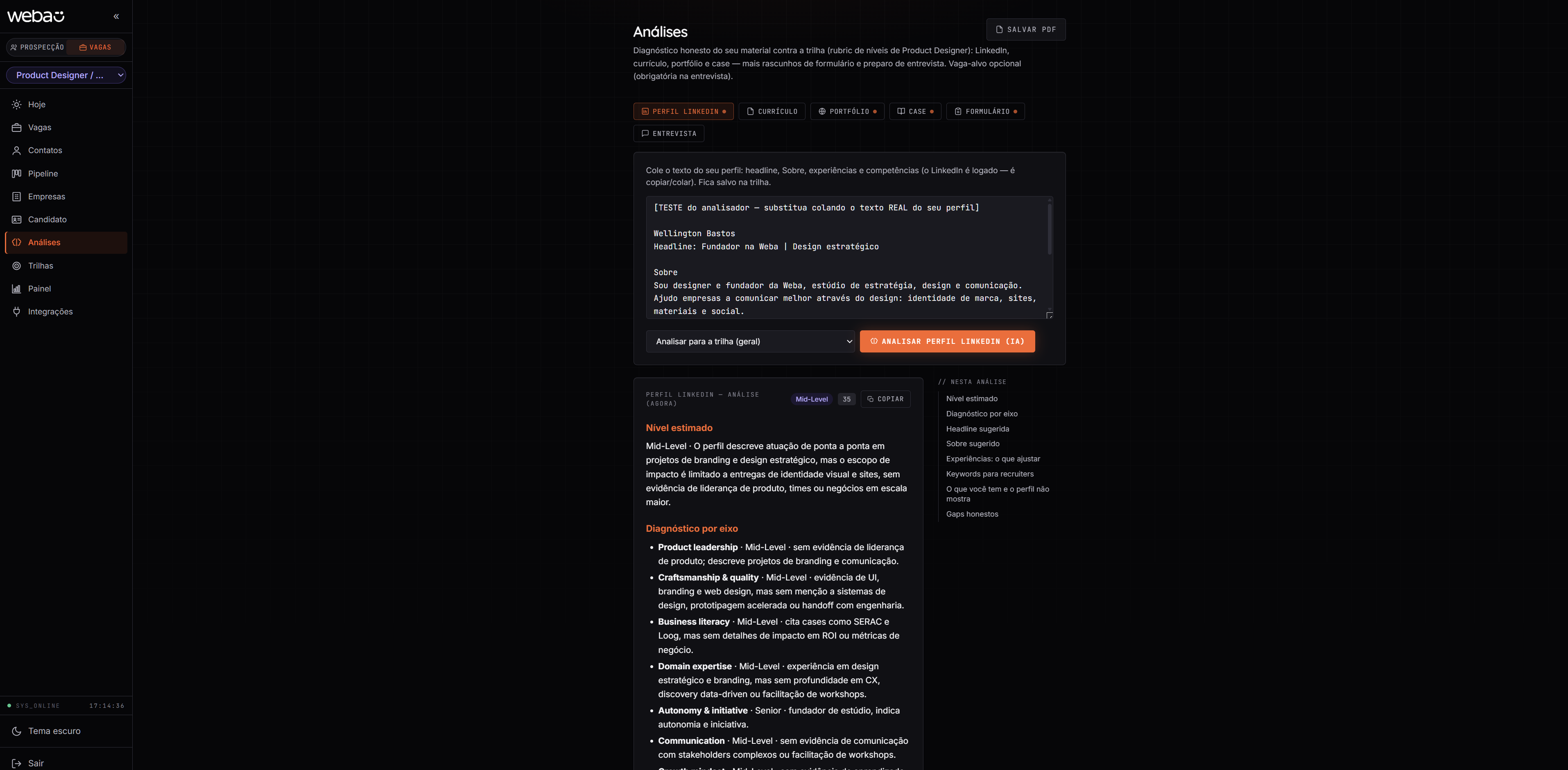 Texto sobre a busca de emprego, com layout escuro e informações voltadas para serviços de design da agência.