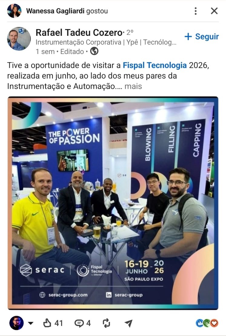 Grupo de profissionais em estande da Fispal Tecnologia 2026, destacando serviços de Instrumentação e Automação.