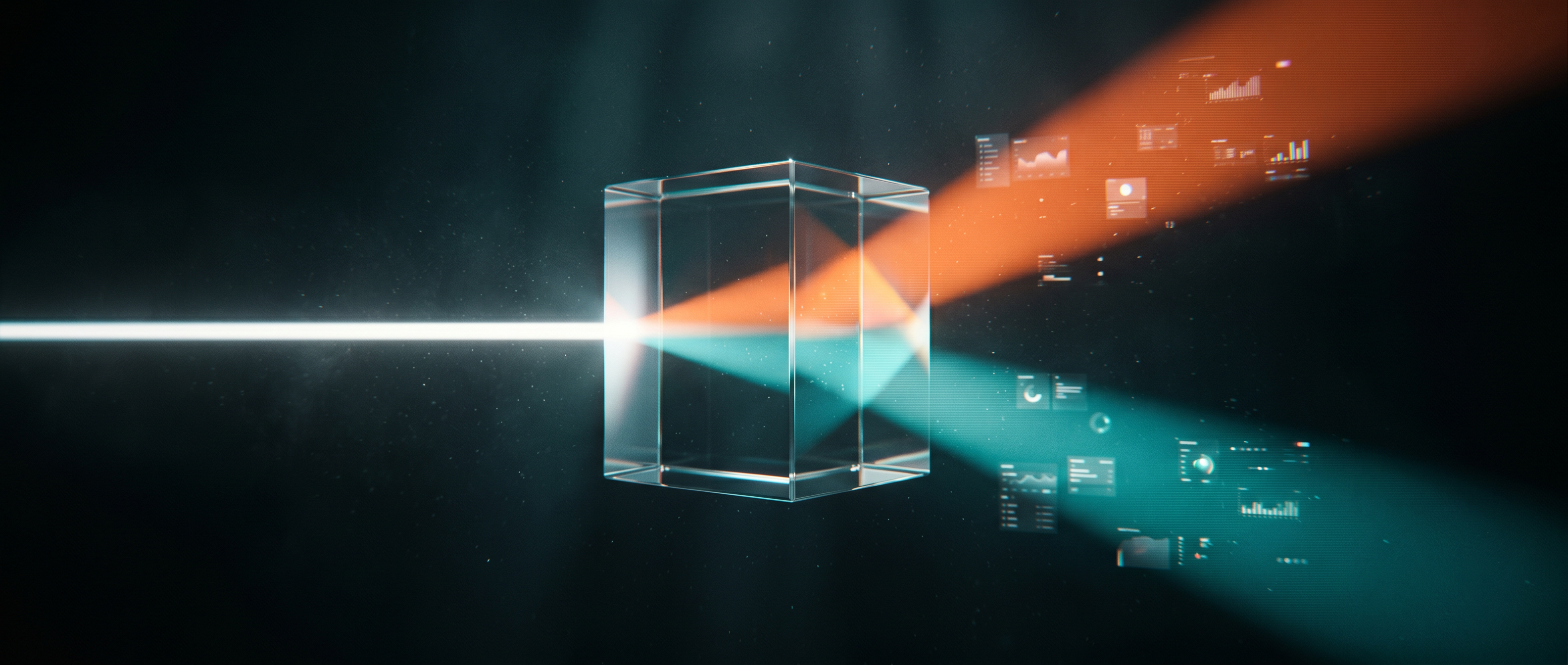 Cubo translúcido refratando luz colorida e exibindo gráficos, simbolizando a busca de emprego como um jogo de sorte.
