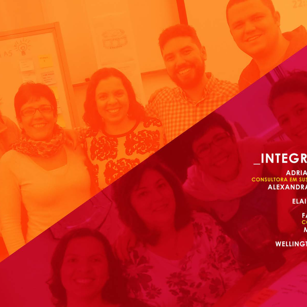 Cinco profissionais em um ambiente de trabalho colaborativo, com tons laranja e rosa, apresentando suas informações no rodapé.