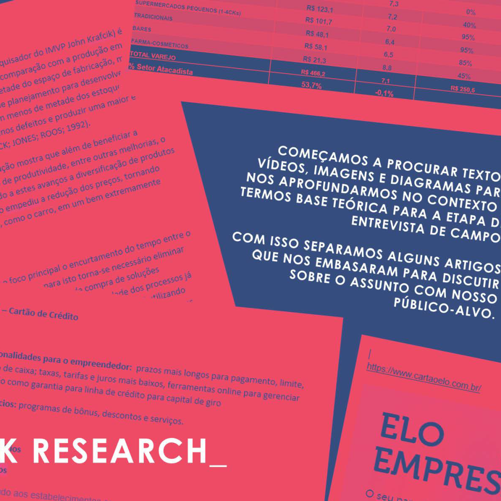 Texto em diversos formatos sobre pesquisa de design, com cores em azul e rosa, destacando elementos visuais e informações sobre cartões Elo.
