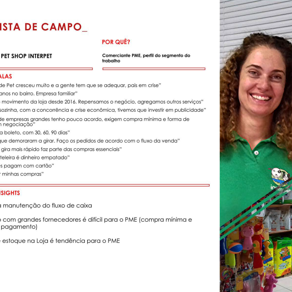 Entrevista com Ana Paula, pet shop Interpet, destacando principais falas e insights. Fundo com prateleiras de produtos para pets.