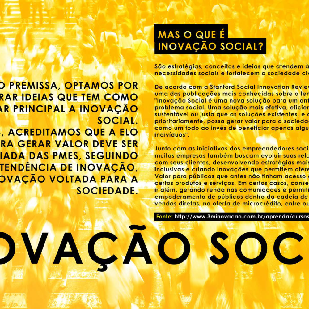 Texto em amarelo sobre inovação social em fundo preto, com destaque para a frase "INOVAÇÃO SOCIAL" em letras grandes e negrito.