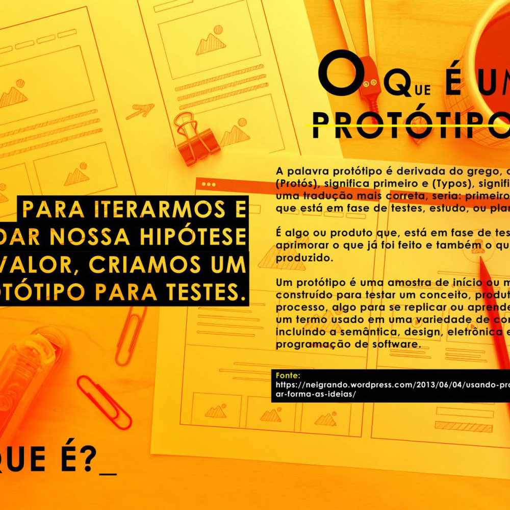 Texto em fundo laranja e preto, apresentando perguntas sobre protótipos, com ilustrações de papel e lápis, destacando o design e a funcionalidade.