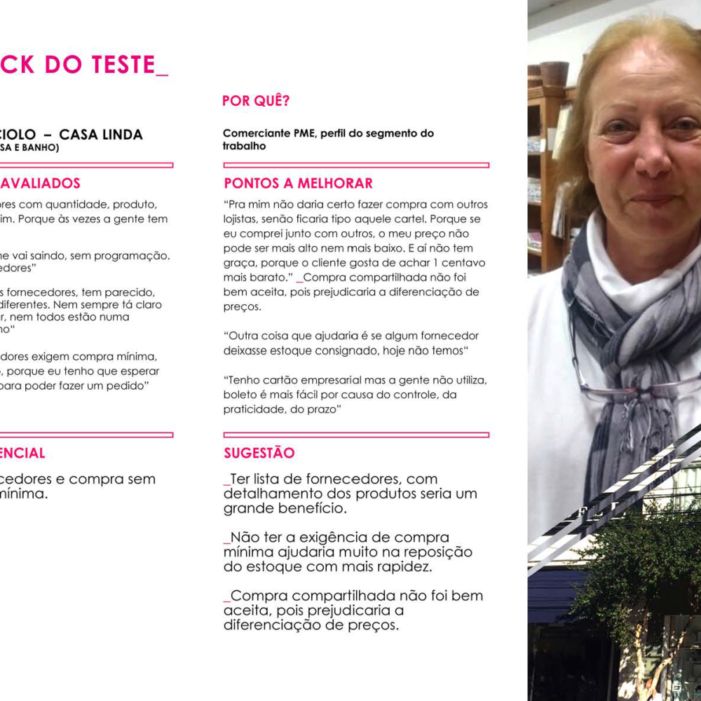Feedback escrito em layout dividido, com texto em rosa e fundo claro. Avaliações e sugestões para melhorias no design de cartões.