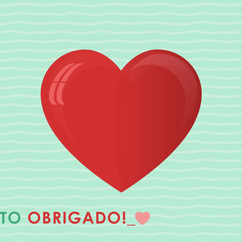 Coração vermelho grande central, fundo verde-menta com ondas; rodapé: "MUITO OBRIGADO!" em verde e vermelho com pequeno coração.